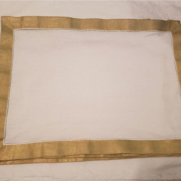 7 antique white linen placemats festive gold trim - Picture 5 of 10